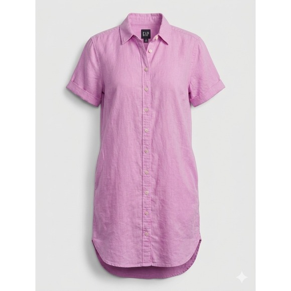 GAP Dresses & Skirts - GAP Pink Linen Blend Short Sleeve Button Front Shirt Dress XS Petite W/ Pockets